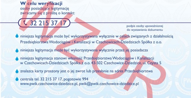 Wzór legitymacji oraz upoważnienia pracowników PWiK